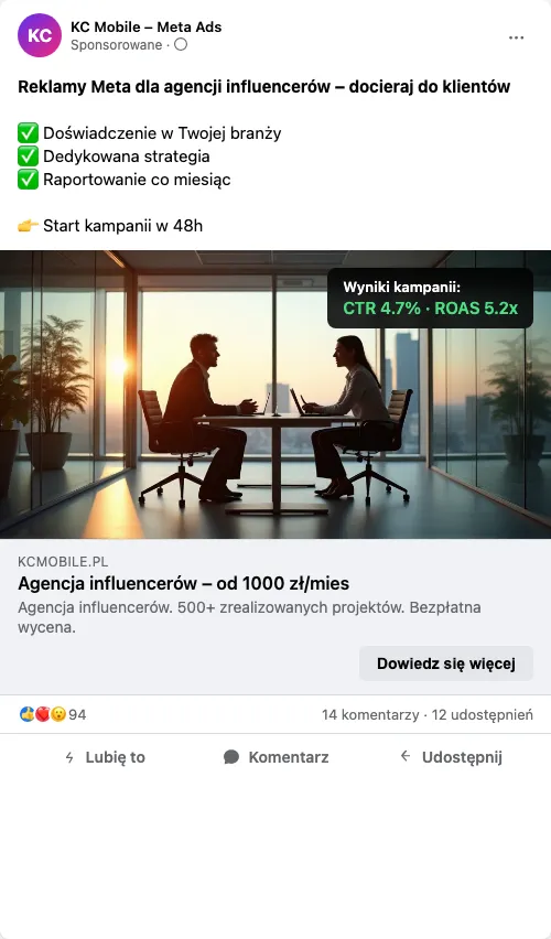 Przykładowa kreacja reklamowa – Reklama Facebook i Instagram dla agencji influencerów