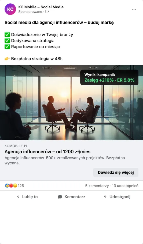 Przykładowa kreacja reklamowa – Social Media dla agencji influencerów