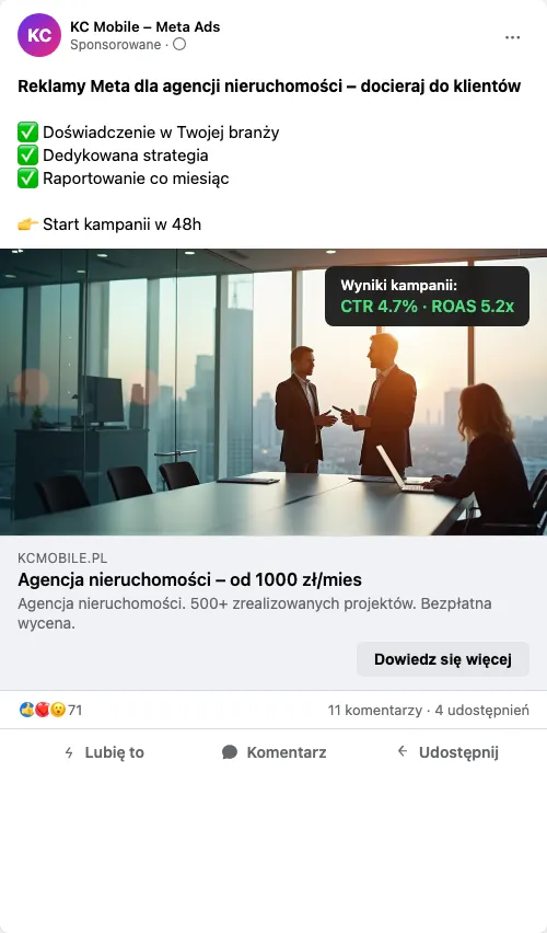 Przykładowa kreacja reklamowa - Reklama Facebook i Instagram dla agencji nieruchomości