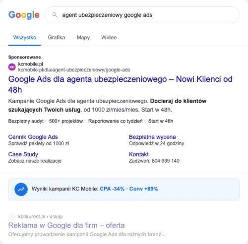 Przykładowa kreacja reklamowa – Google Ads dla agenta ubezpieczeniowego
