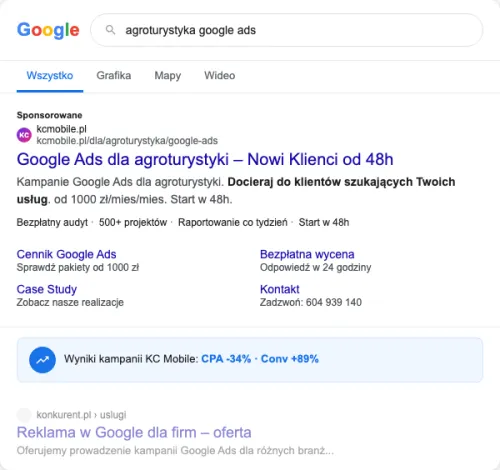 Przykładowa kreacja reklamowa – Google Ads dla agroturystyki