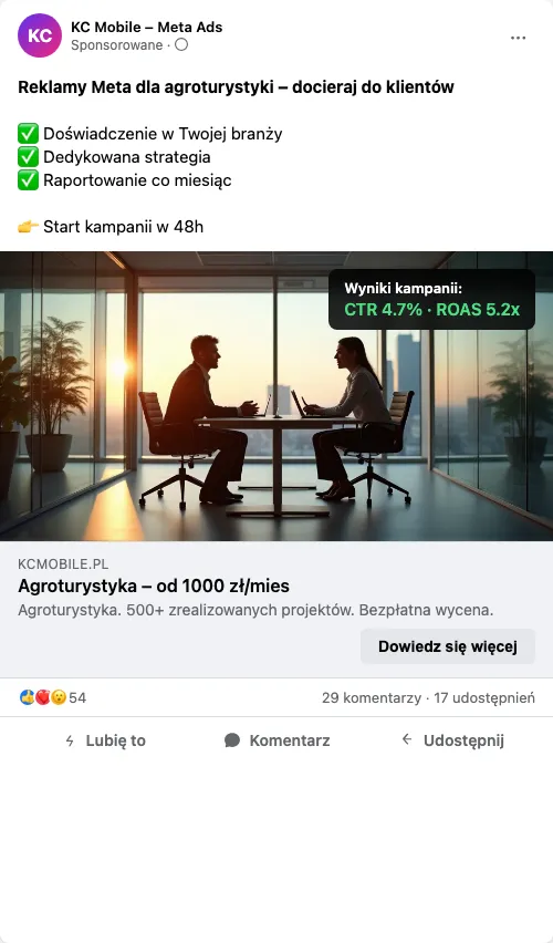 Przykładowa kreacja reklamowa – Reklama Facebook i Instagram dla agroturystyki