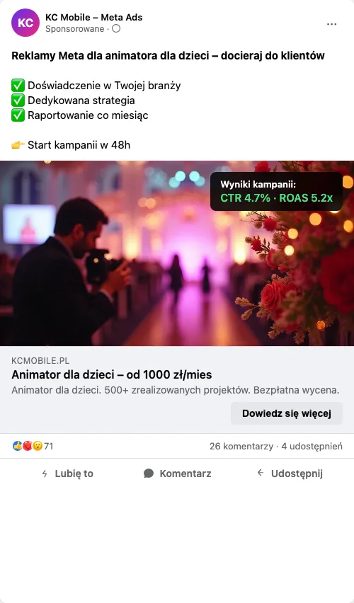 Przykładowa kreacja reklamowa – Reklama Facebook i Instagram dla animatora dla dzieci