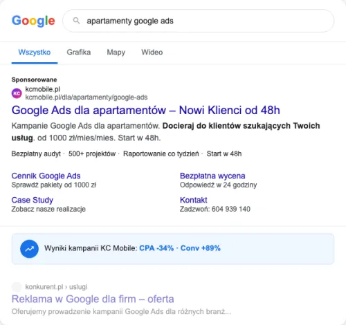 Przykładowa kreacja reklamowa – Google Ads dla apartamentów