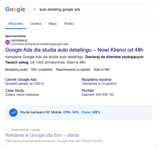 Przykładowa kreacja reklamowa – Google Ads dla studia auto detailingu
