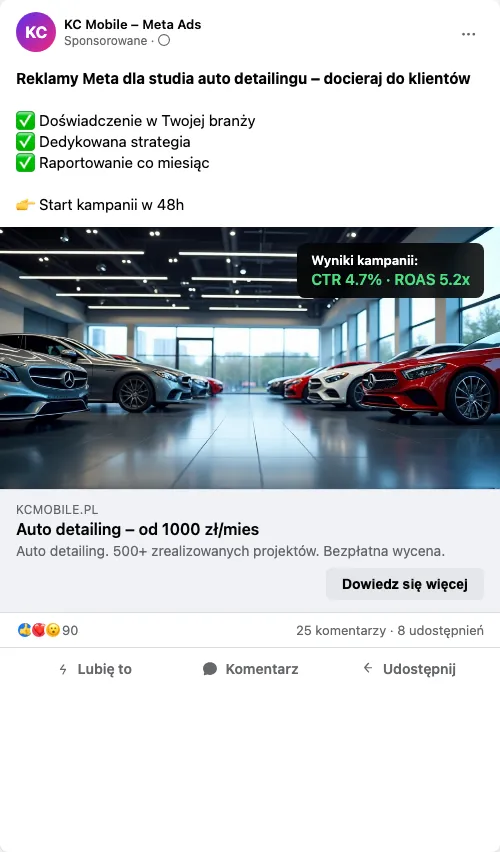 Przykładowa kreacja reklamowa – Reklama Facebook i Instagram dla studia auto detailingu