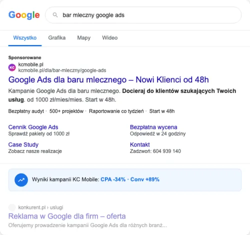 Przykładowa kreacja reklamowa – Google Ads dla baru mlecznego