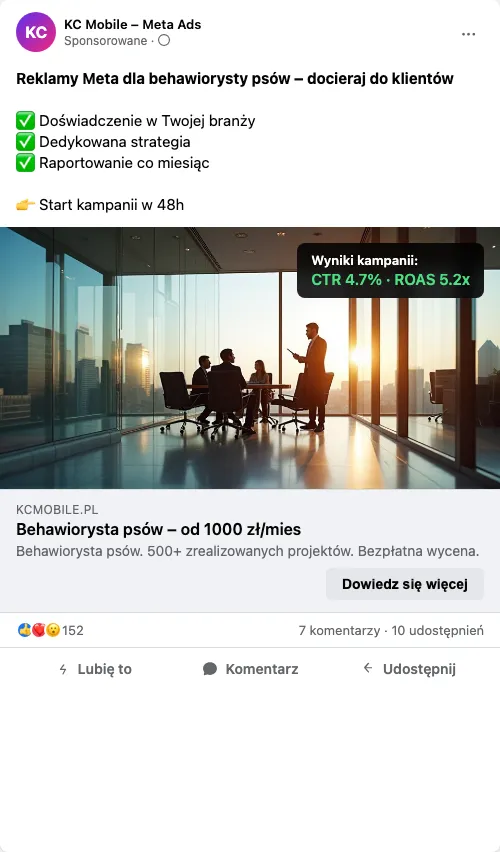 Przykładowa kreacja reklamowa – Reklama Facebook i Instagram dla behawiorysty psów