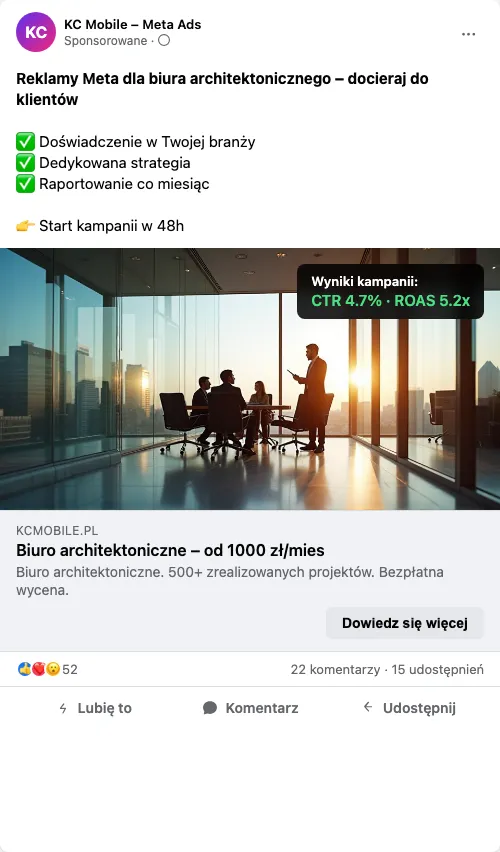 Przykładowa kreacja reklamowa – Reklama Facebook i Instagram dla biura architektonicznego