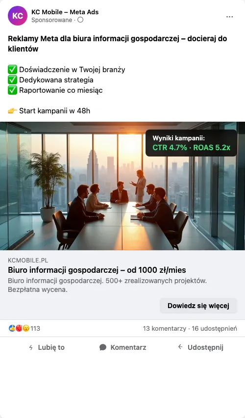 Przykładowa kreacja reklamowa – Reklama Facebook i Instagram dla biura informacji gospodarczej