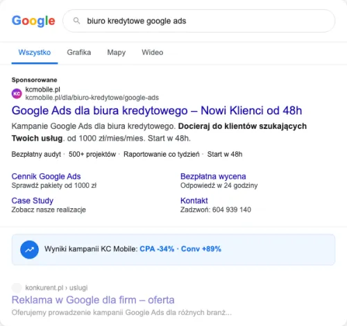 Przykładowa kreacja reklamowa – Google Ads dla biura kredytowego