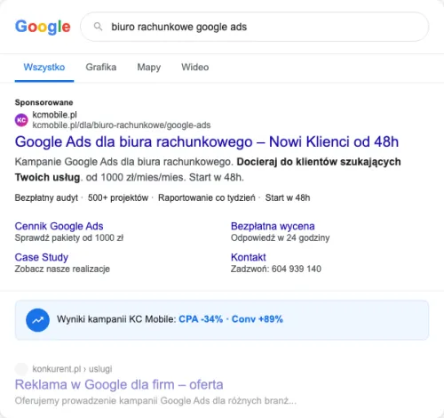 Przykładowa kreacja reklamowa – Google Ads dla biura rachunkowego