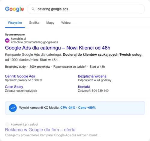 Przykładowa kreacja reklamowa – Google Ads dla cateringu