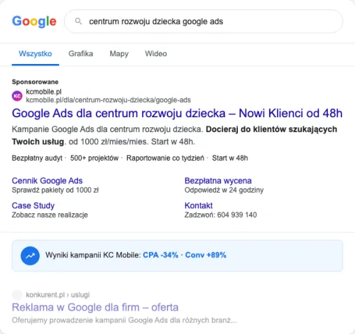 Przykładowa kreacja reklamowa – Google Ads dla centrum rozwoju dziecka