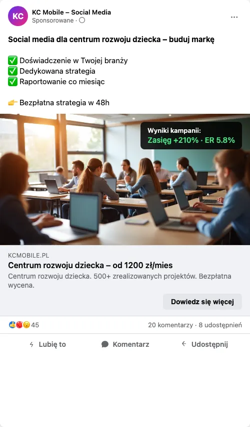 Przykładowa kreacja reklamowa – Social Media dla centrum rozwoju dziecka