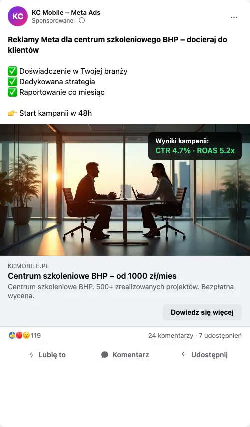 Przykładowa kreacja reklamowa – Reklama Facebook i Instagram dla centrum szkoleniowego BHP