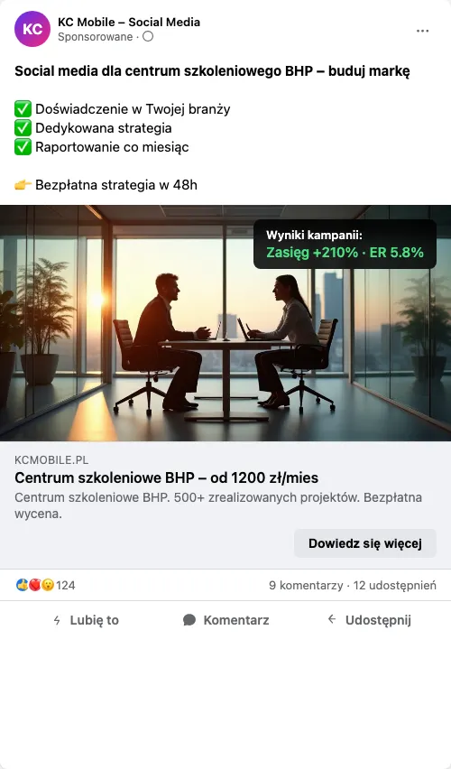 Przykładowa kreacja reklamowa – Social Media dla centrum szkoleniowego BHP
