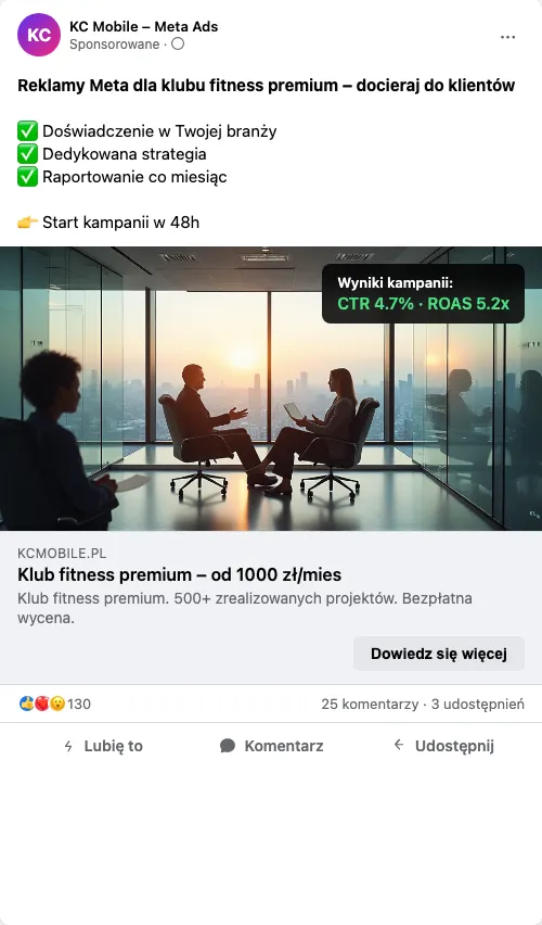 Przykładowa kreacja reklamowa – Reklama Facebook i Instagram dla klubu fitness premium