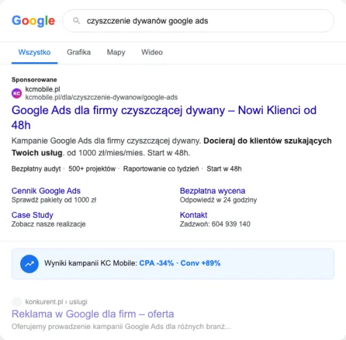 Przykładowa kreacja reklamowa – Google Ads dla firmy czyszczącej dywany