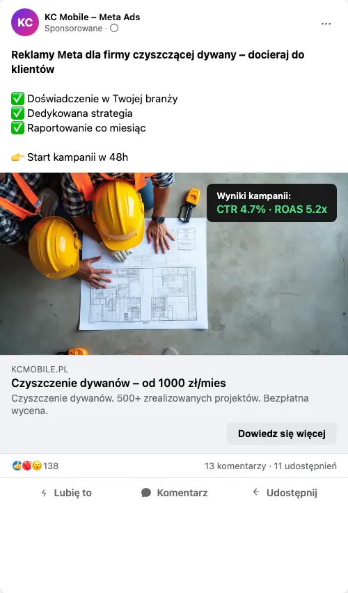 Przykładowa kreacja reklamowa – Reklama Facebook i Instagram dla firmy czyszczącej dywany