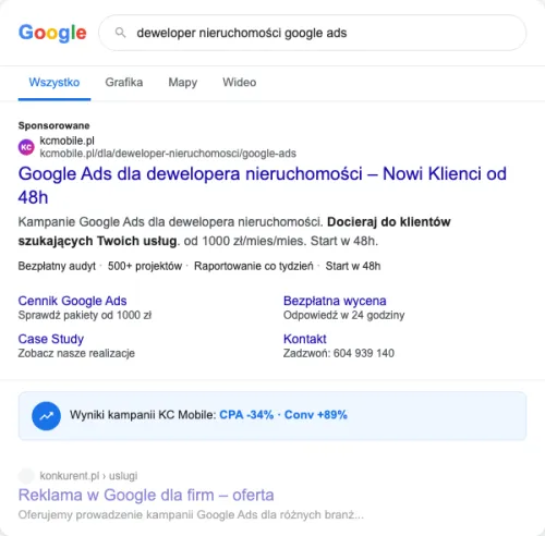 Przykładowa kreacja reklamowa – Google Ads dla dewelopera nieruchomości