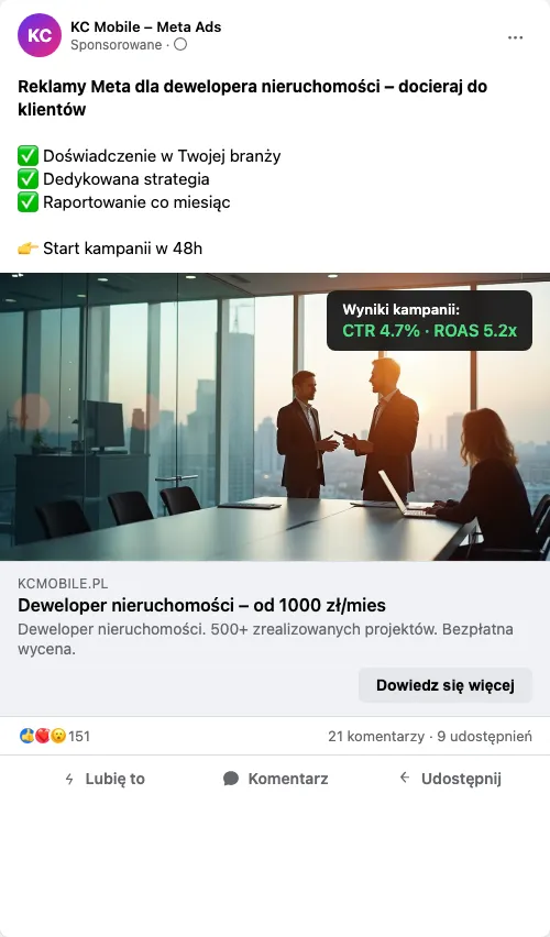 Przykładowa kreacja reklamowa – Reklama Facebook i Instagram dla dewelopera nieruchomości
