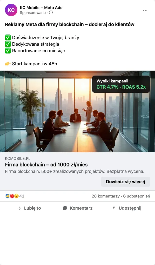 Przykładowa kreacja reklamowa – Reklama Facebook i Instagram dla firmy blockchain