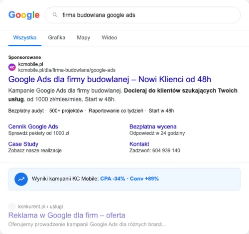Przykładowa kreacja reklamowa – Google Ads dla firmy budowlanej