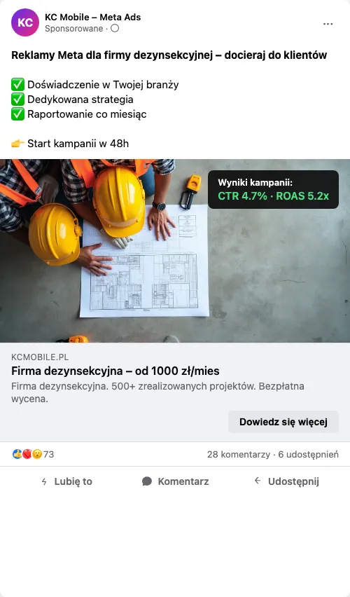 Przykładowa kreacja reklamowa – Reklama Facebook i Instagram dla firmy dezynsekcyjnej