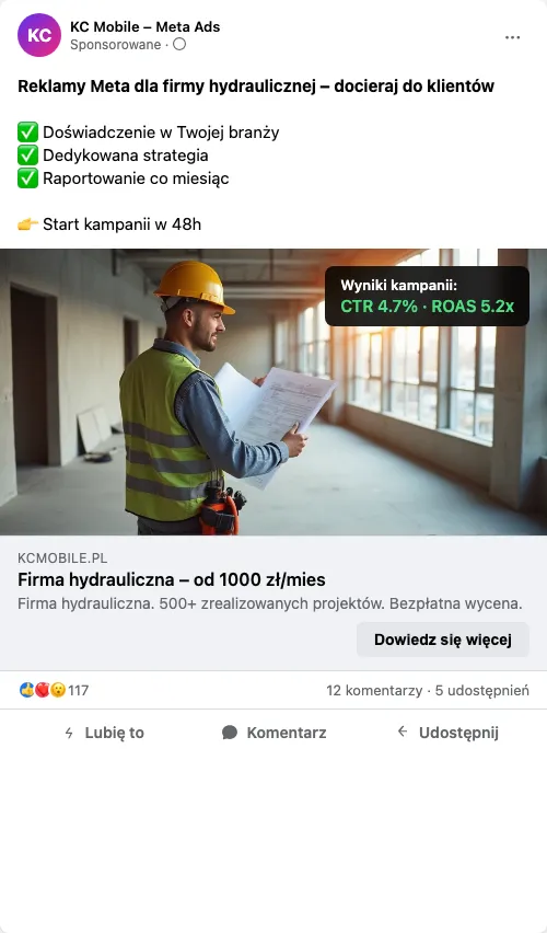 Przykładowa kreacja reklamowa – Reklama Facebook i Instagram dla firmy hydraulicznej