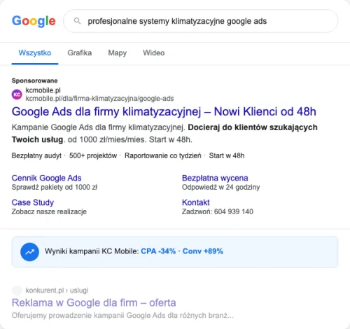 Przykładowa kreacja reklamowa - Google Ads dla firmy klimatyzacyjnej