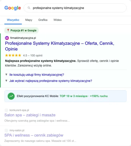 Przykładowa kreacja reklamowa - Pozycjonowanie SEO dla firmy klimatyzacyjnej