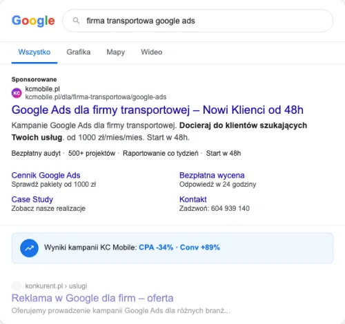 Przykładowa kreacja reklamowa – Google Ads dla firmy transportowej