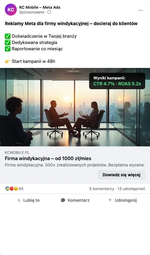 Przykładowa kreacja reklamowa – Reklama Facebook i Instagram dla firmy windykacyjnej