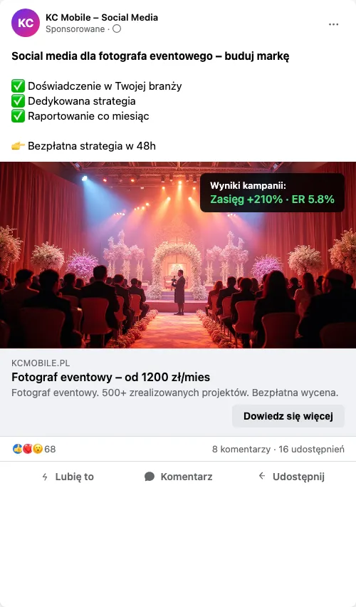 Przykładowa kreacja reklamowa – Social Media dla fotografa eventowego