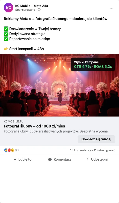 Przykładowa kreacja reklamowa – Reklama Facebook i Instagram dla fotografa ślubnego