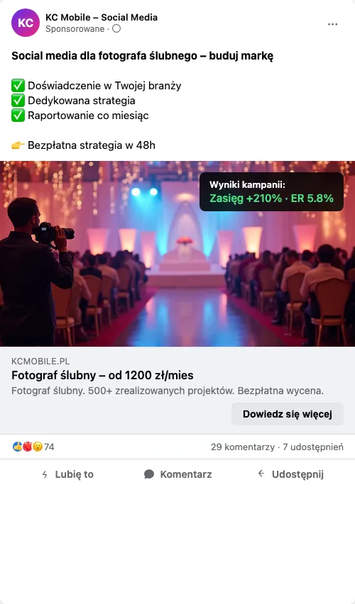 Przykładowa kreacja reklamowa – Social Media dla fotografa ślubnego