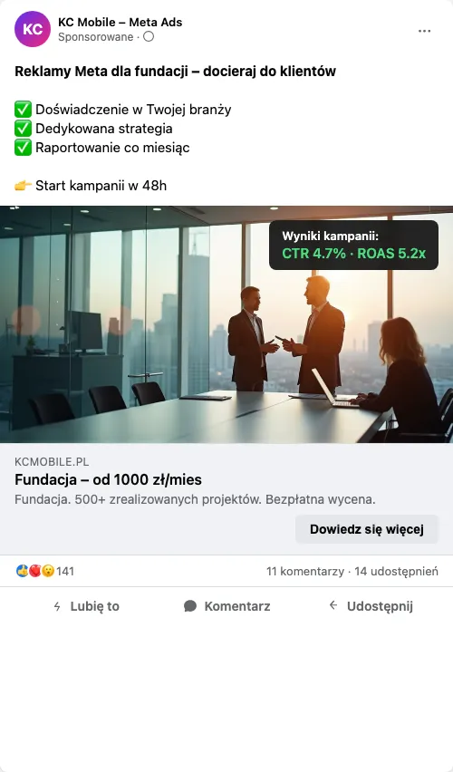 Przykładowa kreacja reklamowa – Reklama Facebook i Instagram dla fundacji