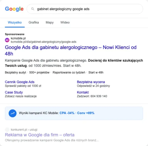 Przykładowa kreacja reklamowa – Google Ads dla gabinetu alergologicznego