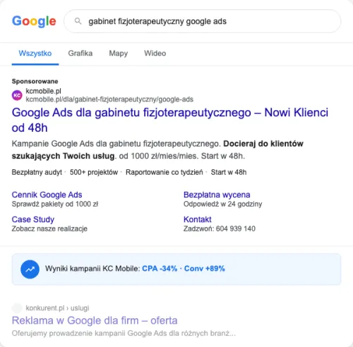 Przykładowa kreacja reklamowa – Google Ads dla gabinetu fizjoterapeutycznego