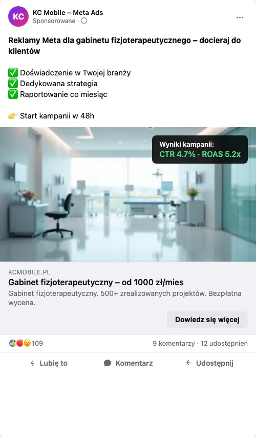 Przykładowa kreacja reklamowa – Reklama Facebook i Instagram dla gabinetu fizjoterapeutycznego
