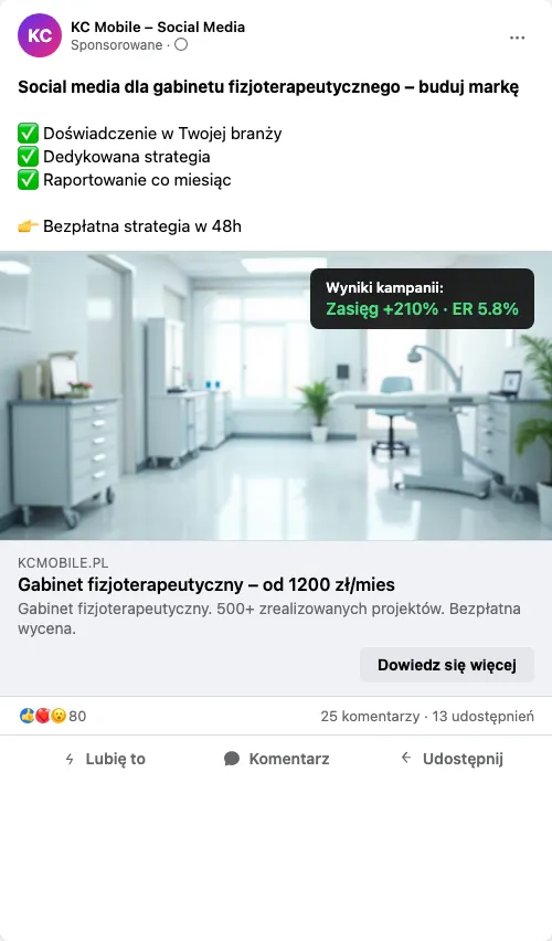 Przykładowa kreacja reklamowa – Social Media dla gabinetu fizjoterapeutycznego
