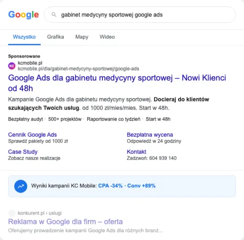 Przykładowa kreacja reklamowa – Google Ads dla gabinetu medycyny sportowej