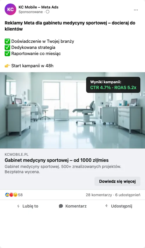 Przykładowa kreacja reklamowa – Reklama Facebook i Instagram dla gabinetu medycyny sportowej