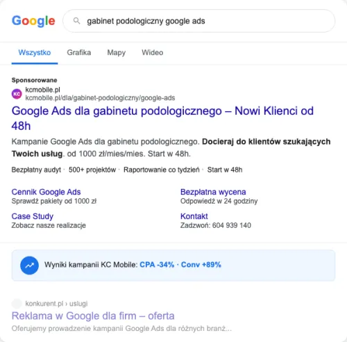 Przykładowa kreacja reklamowa – Google Ads dla gabinetu podologicznego