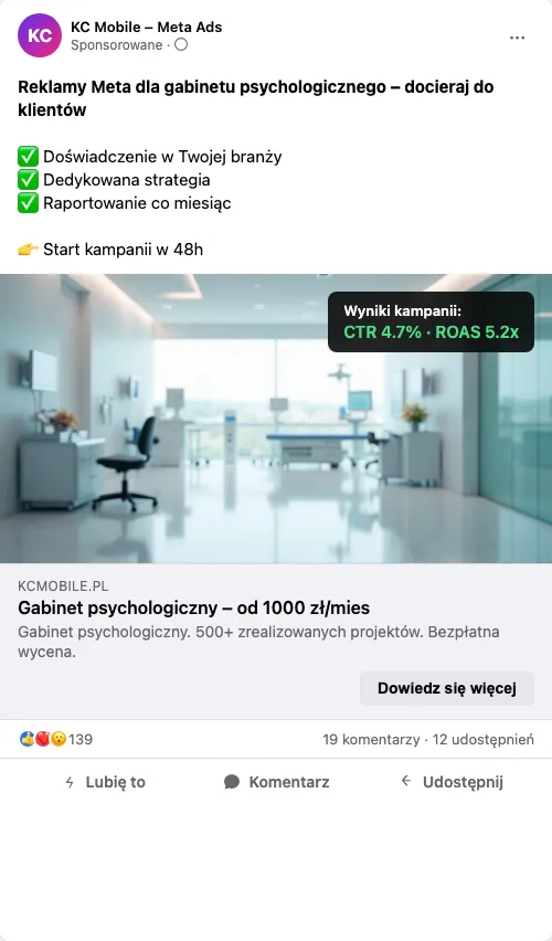 Przykładowa kreacja reklamowa – Reklama Facebook i Instagram dla gabinetu psychologicznego