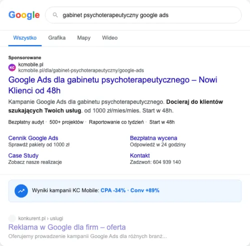 Przykładowa kreacja reklamowa – Google Ads dla gabinetu psychoterapeutycznego