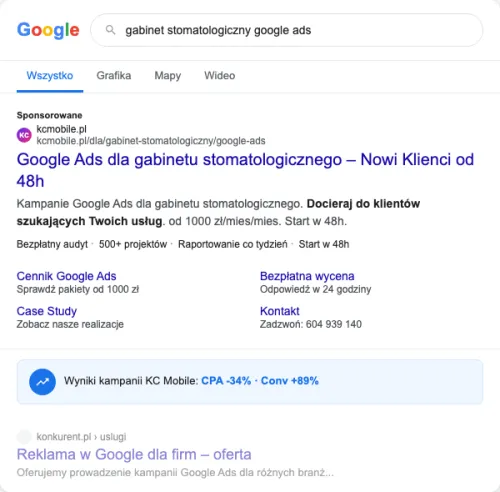 Przykładowa kreacja reklamowa – Google Ads dla gabinetu stomatologicznego