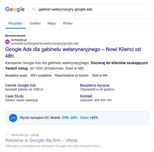 Przykładowa kreacja reklamowa – Google Ads dla gabinetu weterynaryjnego