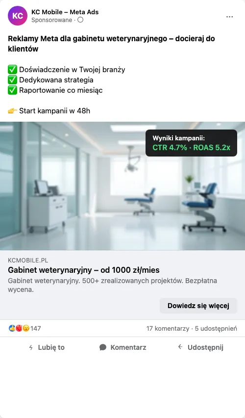 Przykładowa kreacja reklamowa – Reklama Facebook i Instagram dla gabinetu weterynaryjnego